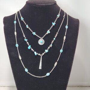 Ruff Hewn Silver Tone Three Row Necklace with various turquoise-colored beads